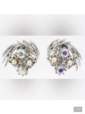 Aurora Borealis Rhinestone & Faux Pearl Vintage Clip-On Earrings